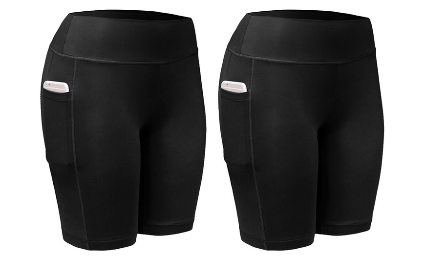 Image 7: Women Activewear Workout Bike Yoga Shorts Stretch Mid Thigh Leggings with Pocket