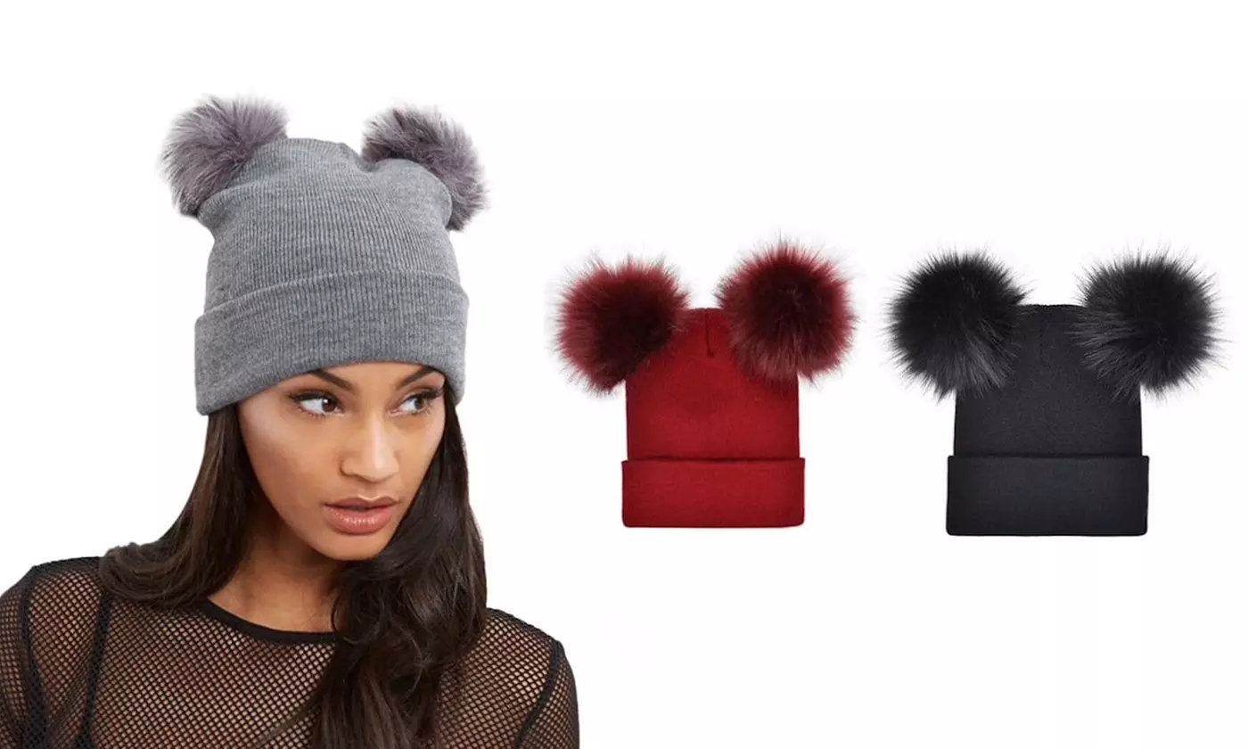 Bonnet double pompon fausse fourrure pour femme Gabi - Primary Image