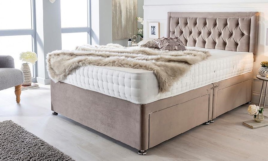 Image 1: Chesterfield Plush Divan Bed with Memory Foam Sprung Mattress 
