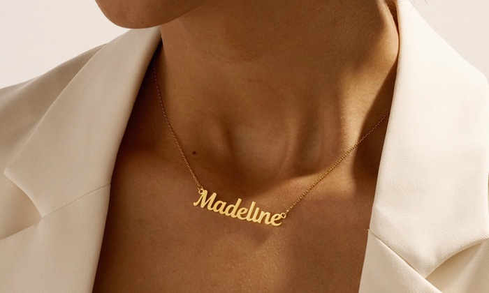 Close-up of a personalized engraved stainless steel necklace