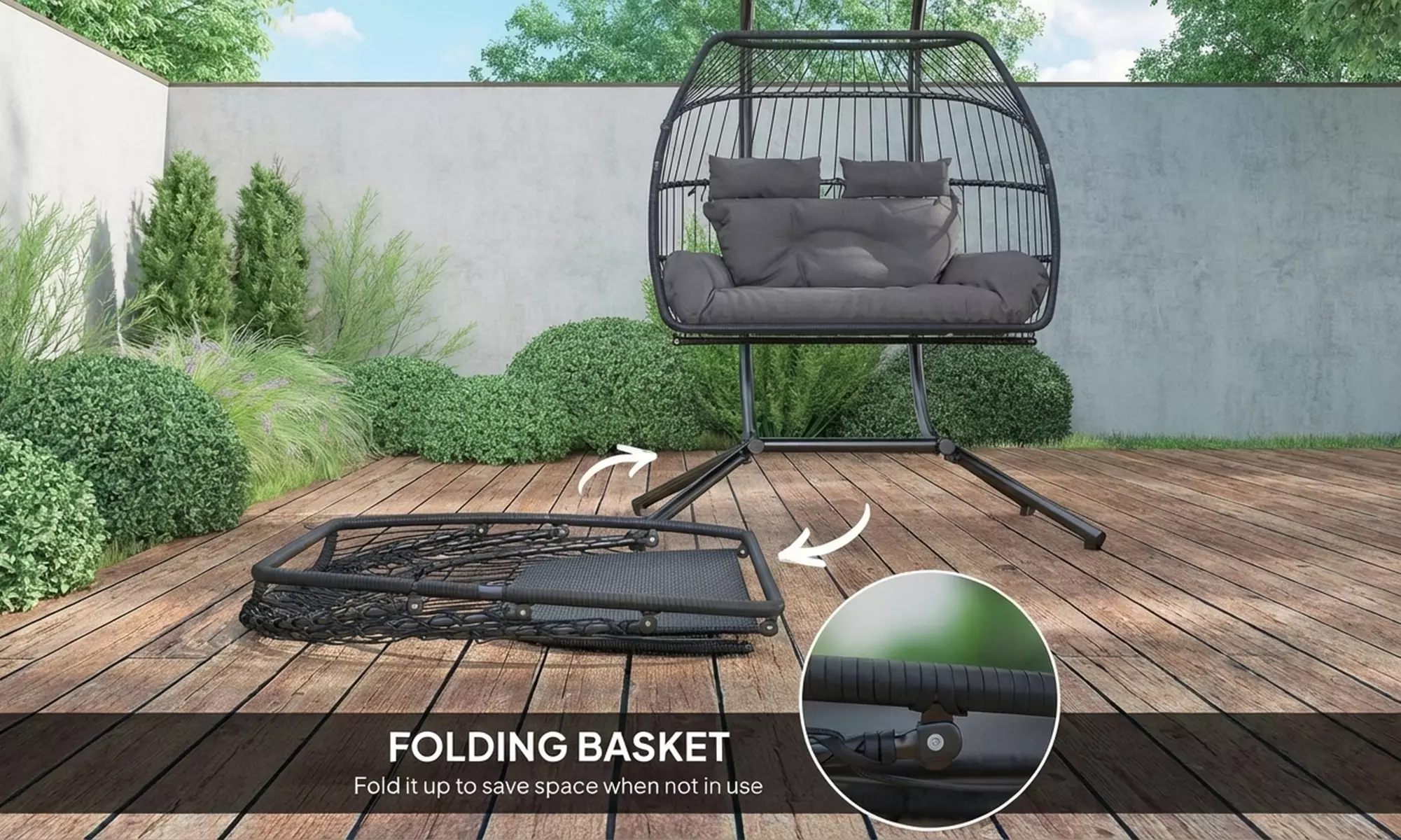 Outsunny Double Egg Rattan-Effect Swing Chair in Dark Grey