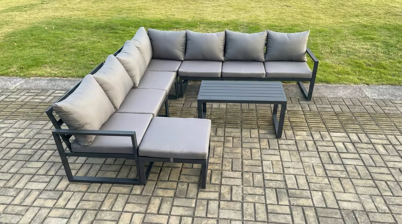 7pc Aluminium Garden Corner Sofa Set with Coffee Table and Footstool