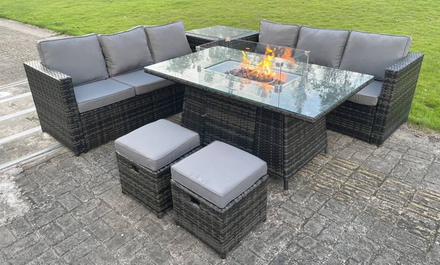 Image 1: Fimous Rattan-Effect Corner Sofa Set with Fire Pit Dining Table