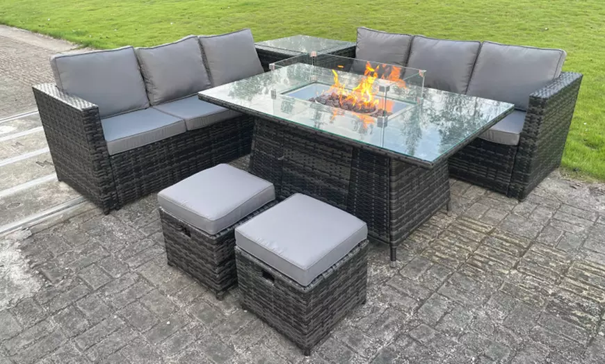 Image 1: Fimous Rattan-Effect Corner Sofa Set with Fire Pit Dining Table