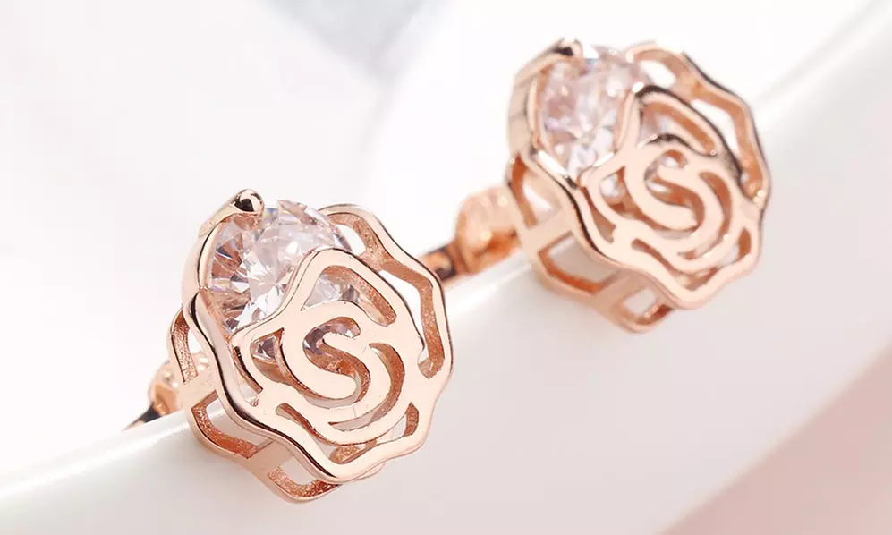 Sterling Silver Caged Rose Stud Earrings with Floating crystals from Swarovski