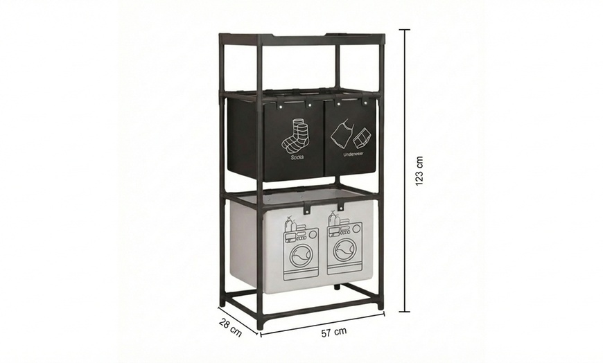 Image 3: Panier à linge design 3 compartiments avec étagère intégrée