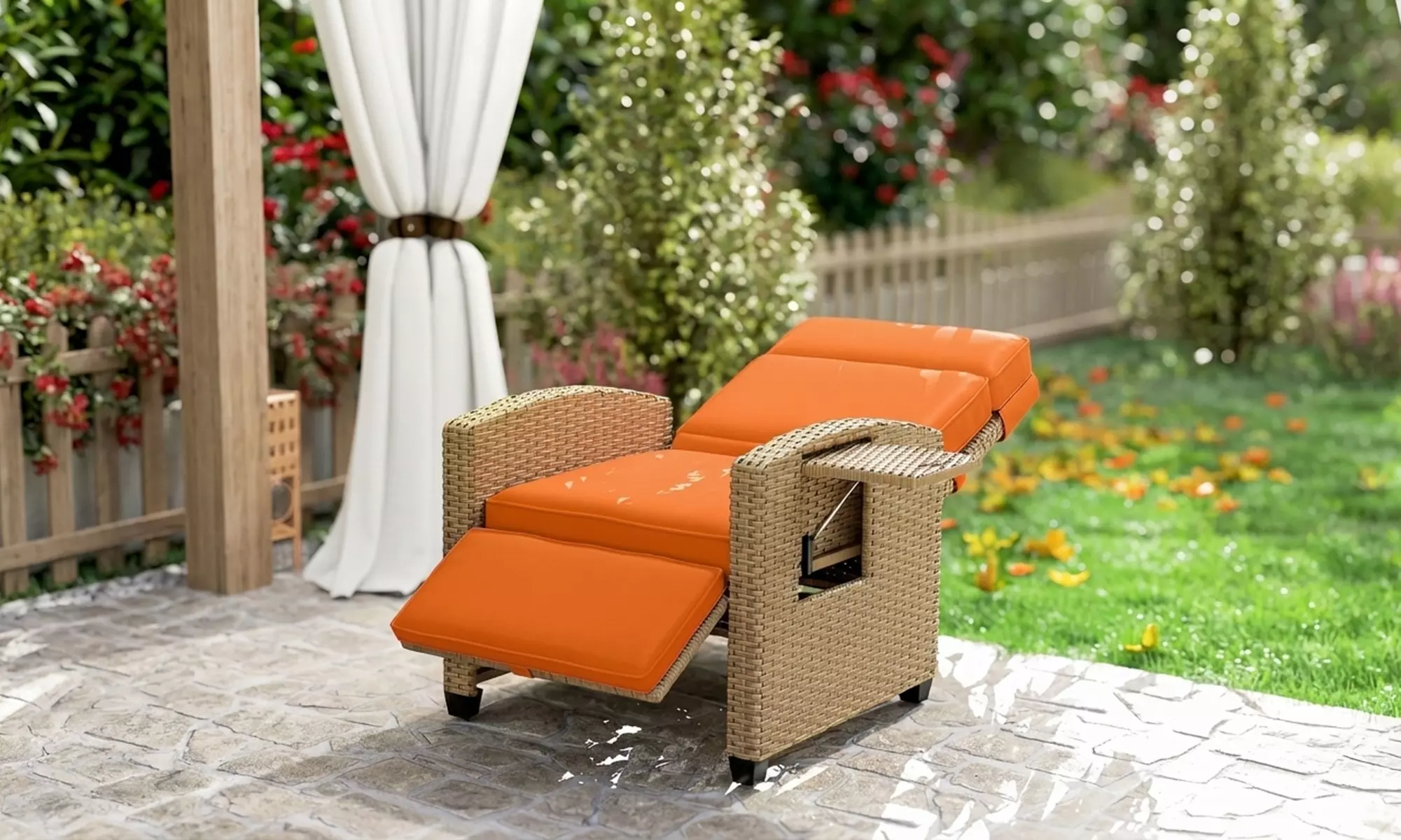 Outsunny Rattan-Effect Recliner Chair with Footrest and Side Tray