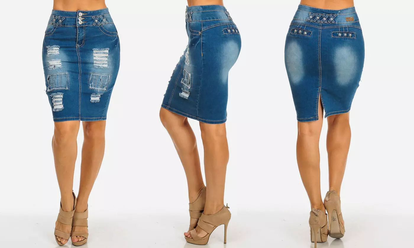 Women's Junior Distressed High-Waist Denim Pencil Skirt - Second Medium