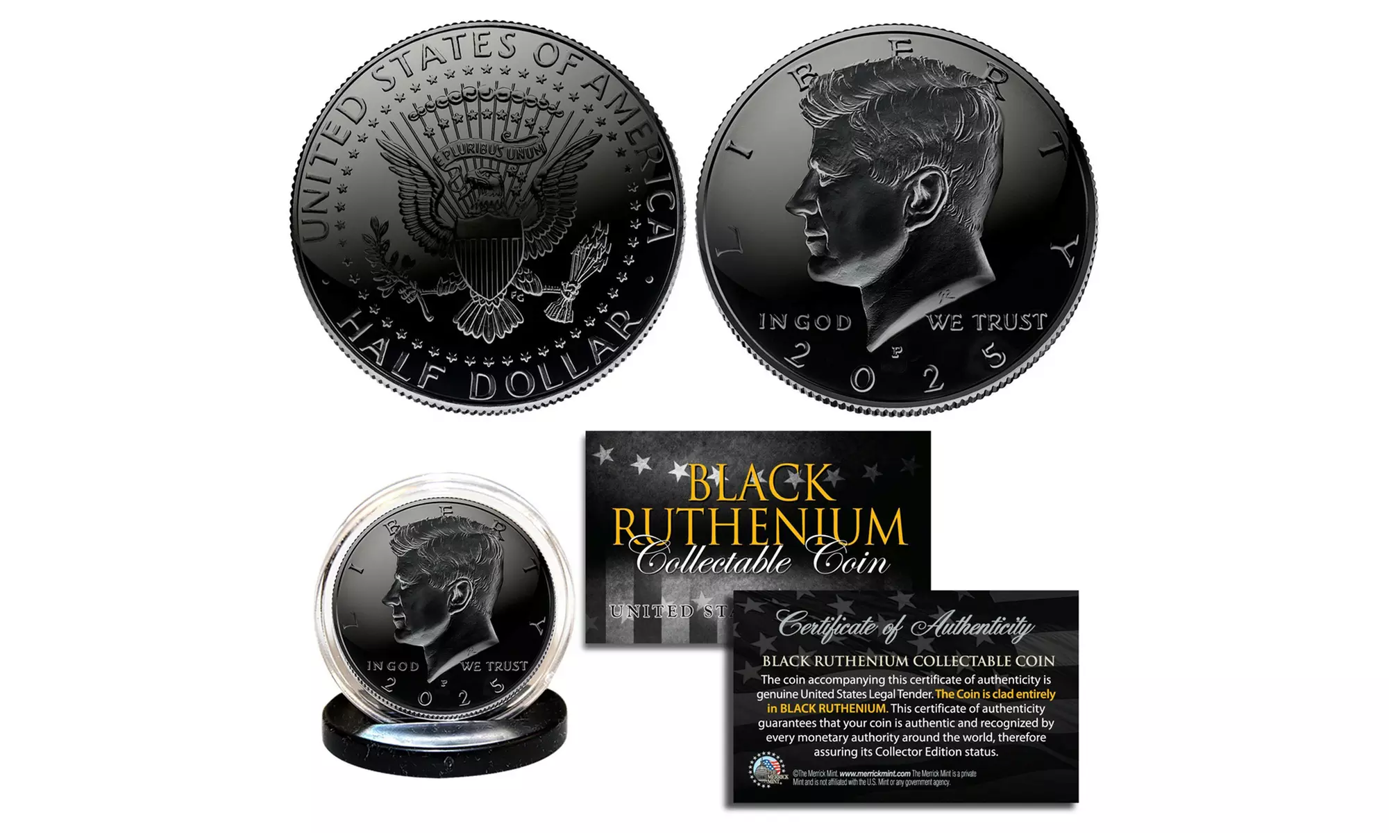 Merrick Mint 2025 All Black Ruthenium JFK Kennedy Half Dollar U.S. Coin - Primary Image