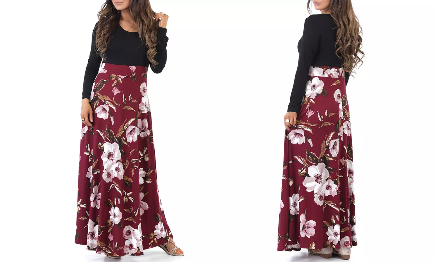 Women's Floral Skirt Maxi Dress with Long Sleeves. Plus Sizes Available. - Second Medium