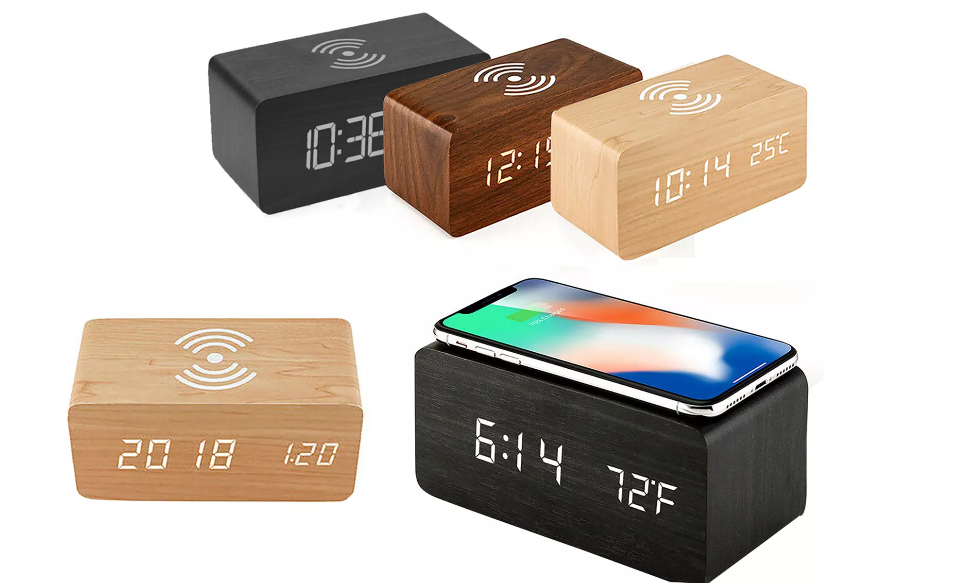 Zummy Bamboo Digital LED Alarm Clock & Thermometer & Wireless Charger - Primary Image