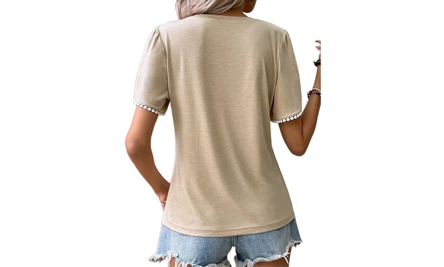 Image 9: Women's Casual Crewneck Lace Crochet Short Sleeve Top