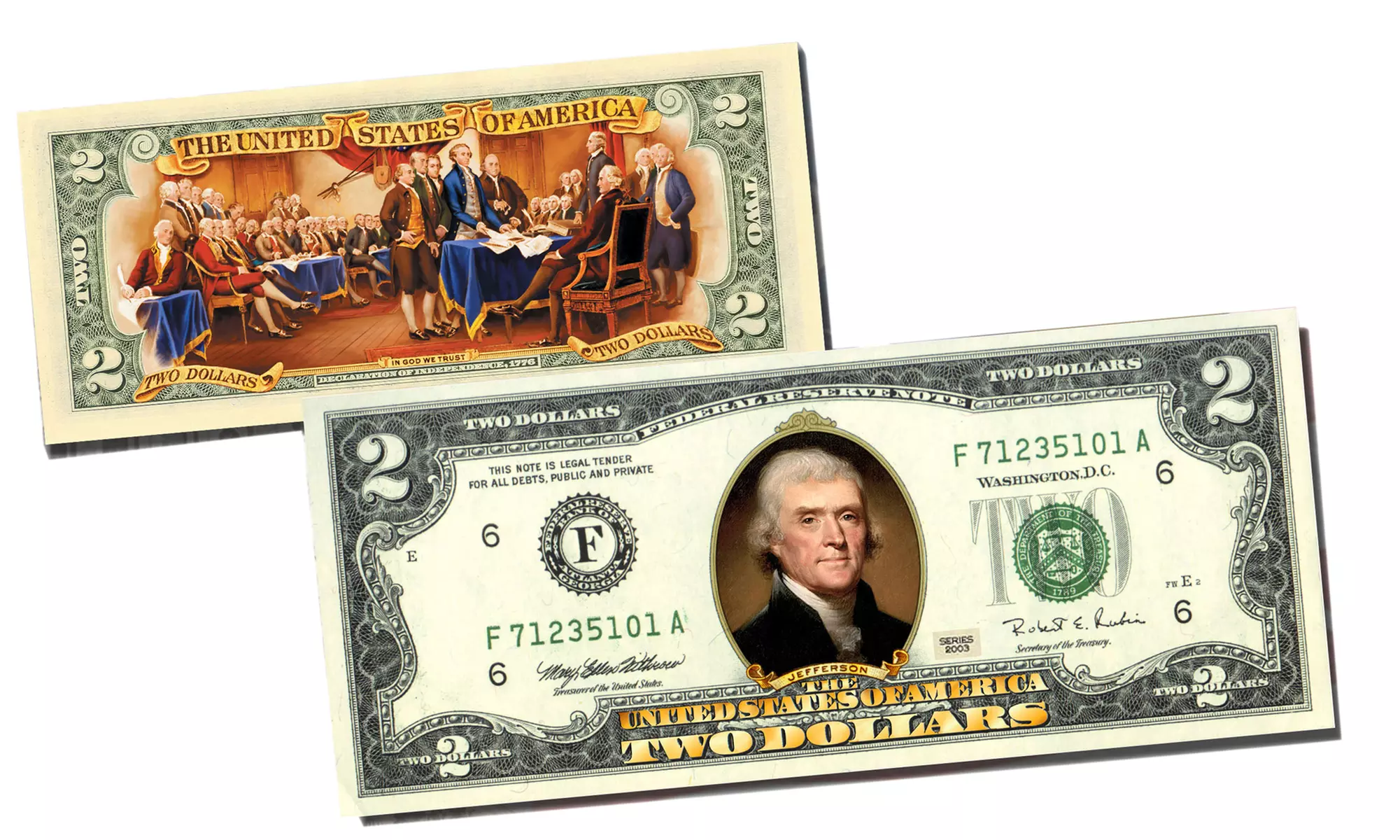 Colorized Two-Sided Genuine U.S. One or Two Dollar Bills