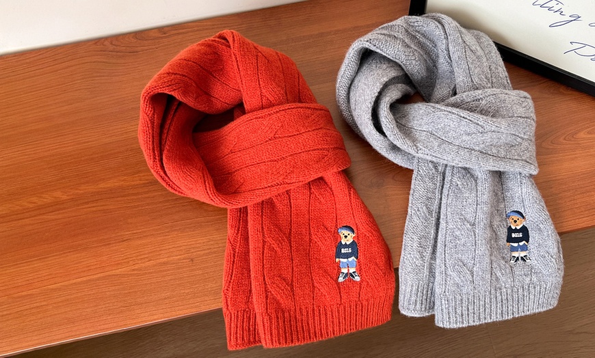 Image 1: Vintage Bear Design Wool Blend Scarf
