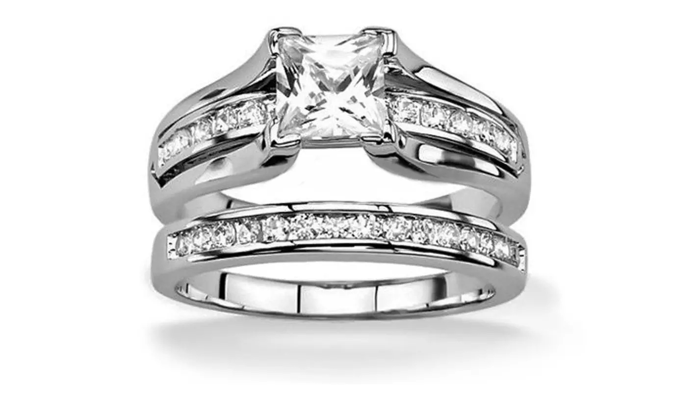 2.10 Ct Princess Cubic Zirconia Sterling Silver 925 Wedding Ring Set
