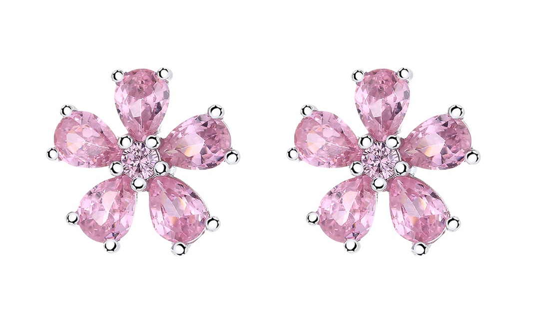 Sterling Silver Pink Flower Studs with Crystals from Swarovski