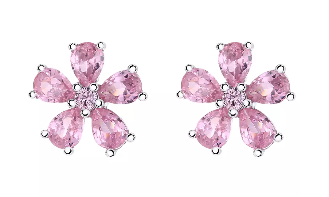 Sterling Silver Pink Flower Studs with Crystals from Swarovski - Primary Image