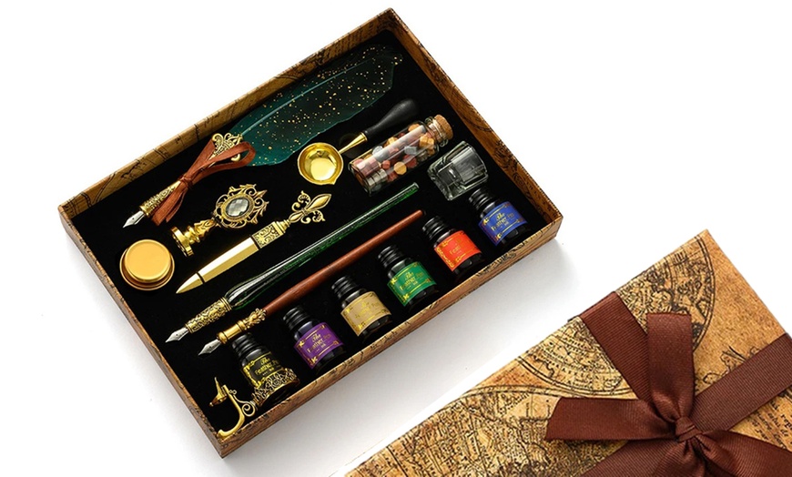 Image 2: Feather Quill Dip Pen Writing Ink Set And Wax Seal Set