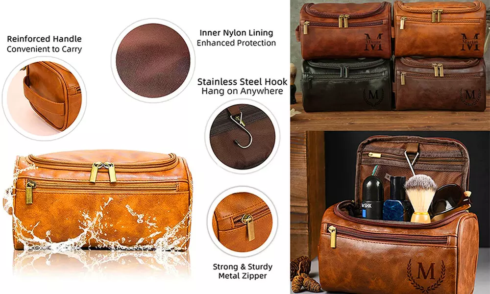 Travel in style with personalized vegan-friendly leather toiletry bag