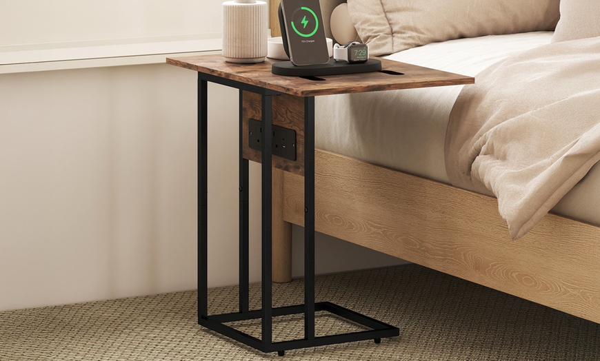 Image 1: HomCom C-Shaped Side Table, Foldable with Charging Station