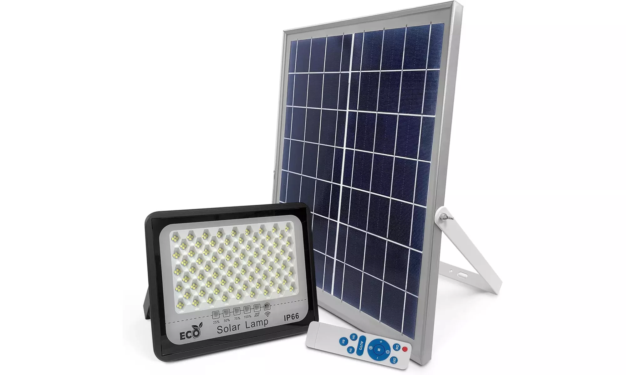 Lampione solare, faretto a LED e kit pannello solare con luce