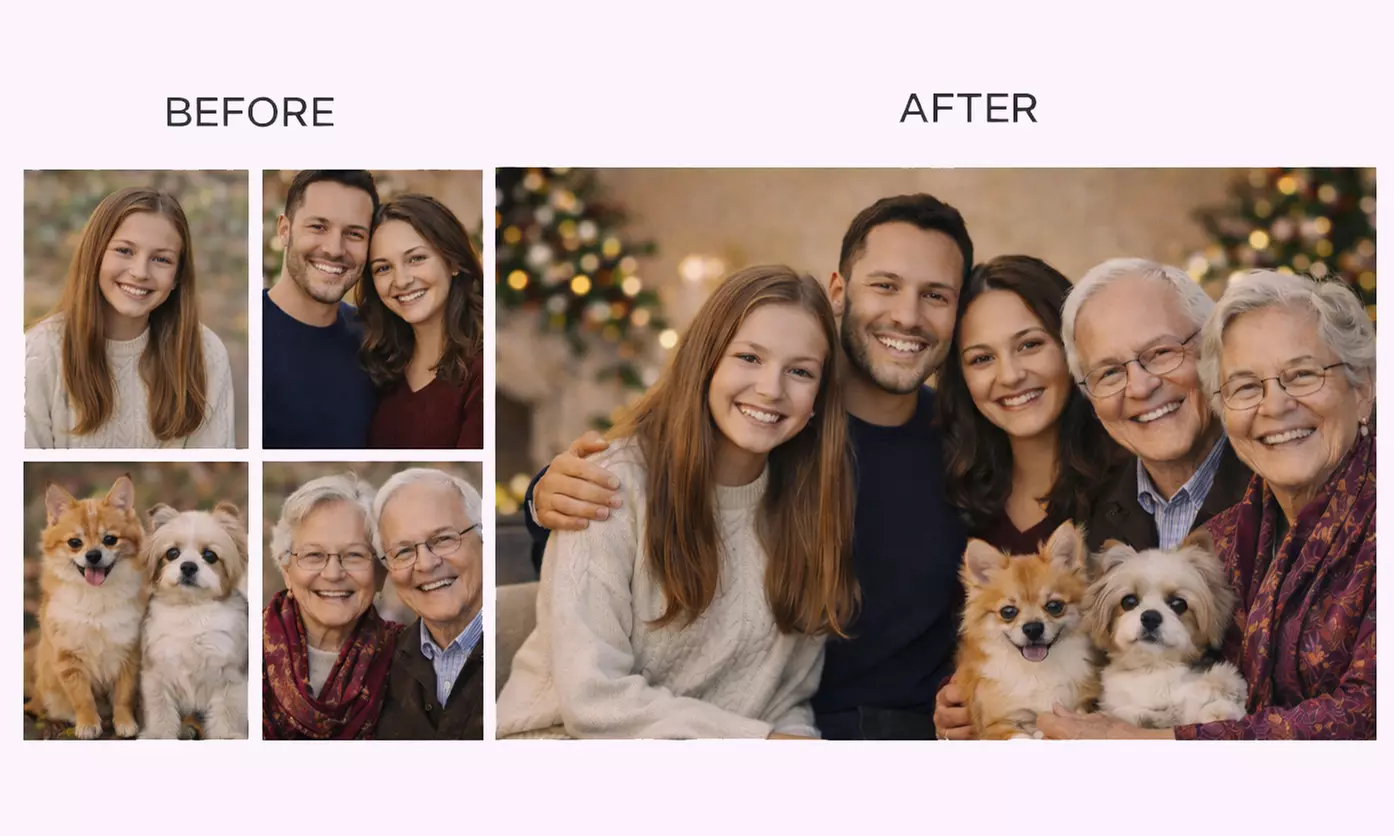 Create One Image: Custom Digital Family Photo Merge– Add People /Pets
