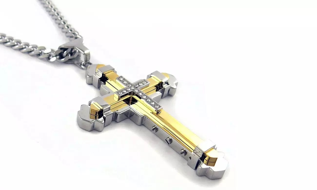 Men's Cross Necklace in Stainless Steel + 24" Inch Curb Chain