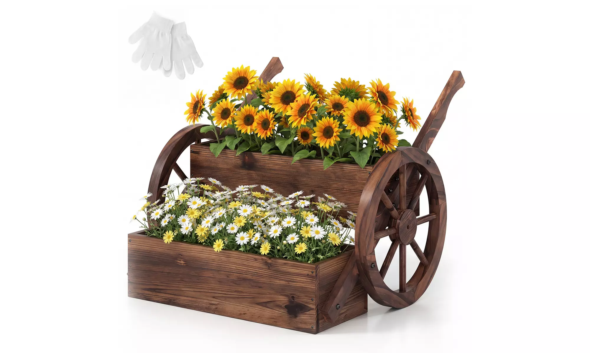 Costway 2-Tier Rustic Wooden Wagon Planter Box with Drainage Holes