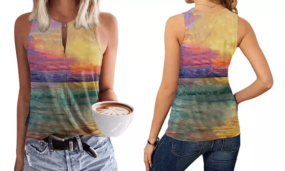 Women Keyhole V Neck Sleeveless Summer Casual Floral Shirt