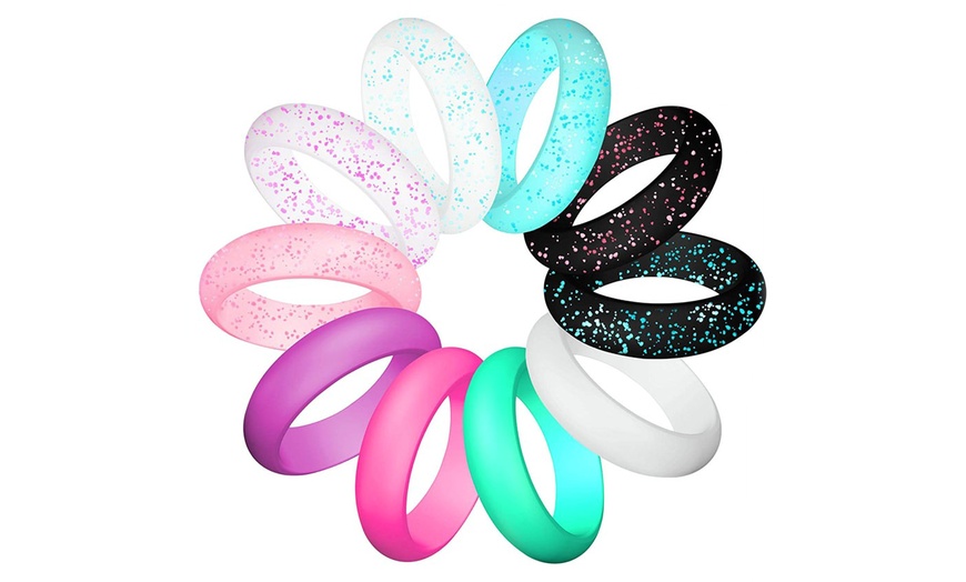 Image 3: 10-Pack Women Silicone Rings Wedding Stackable Durable Rubber Bands