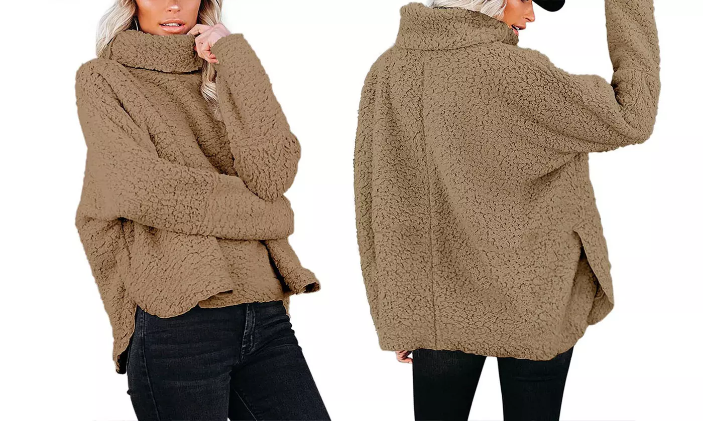 Women's Fuzzy Fleece Oversized Loose Turtleneck Sherpa