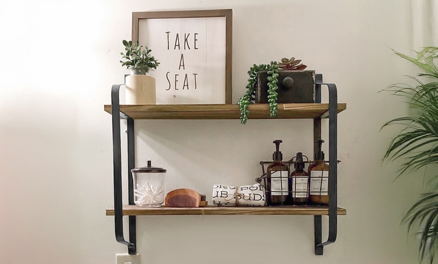 Image 1: 2-Tier Pine Wood Floating Wall Shelves with Industrial Design