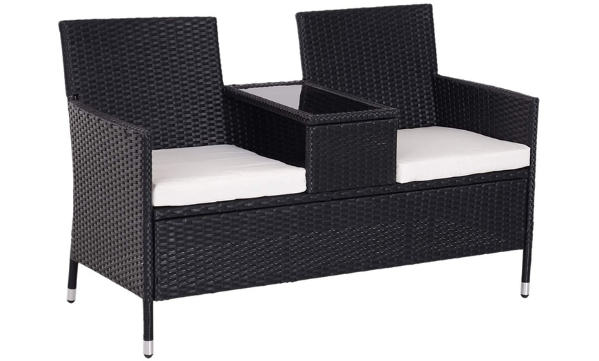 Image 6: Outsunny Two-Seater Rattan-Effect Chair with Integrated Table, Black