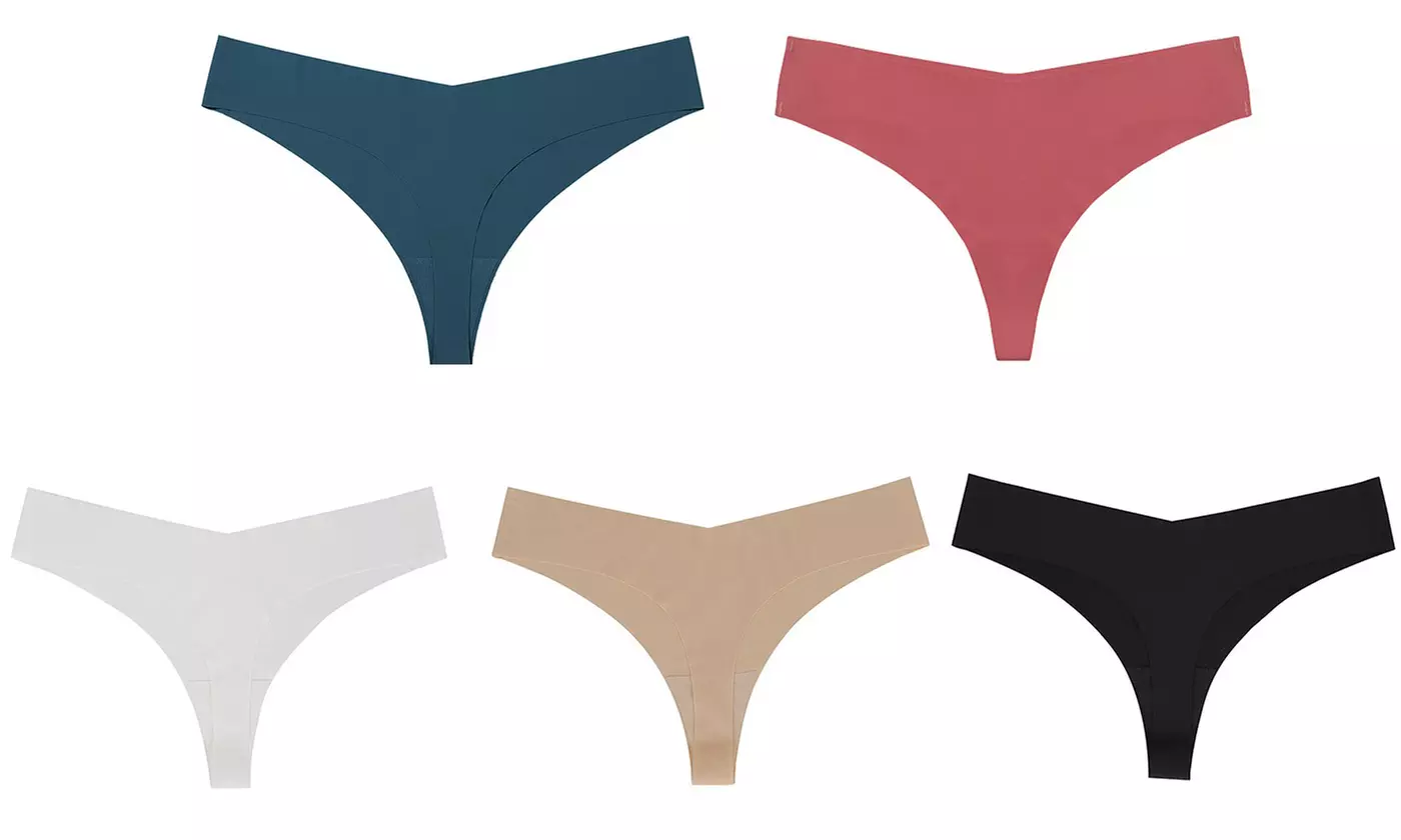 Women Seamless Thongs No Show V-waisted Stretch Breathable Underwear (5-Pack)