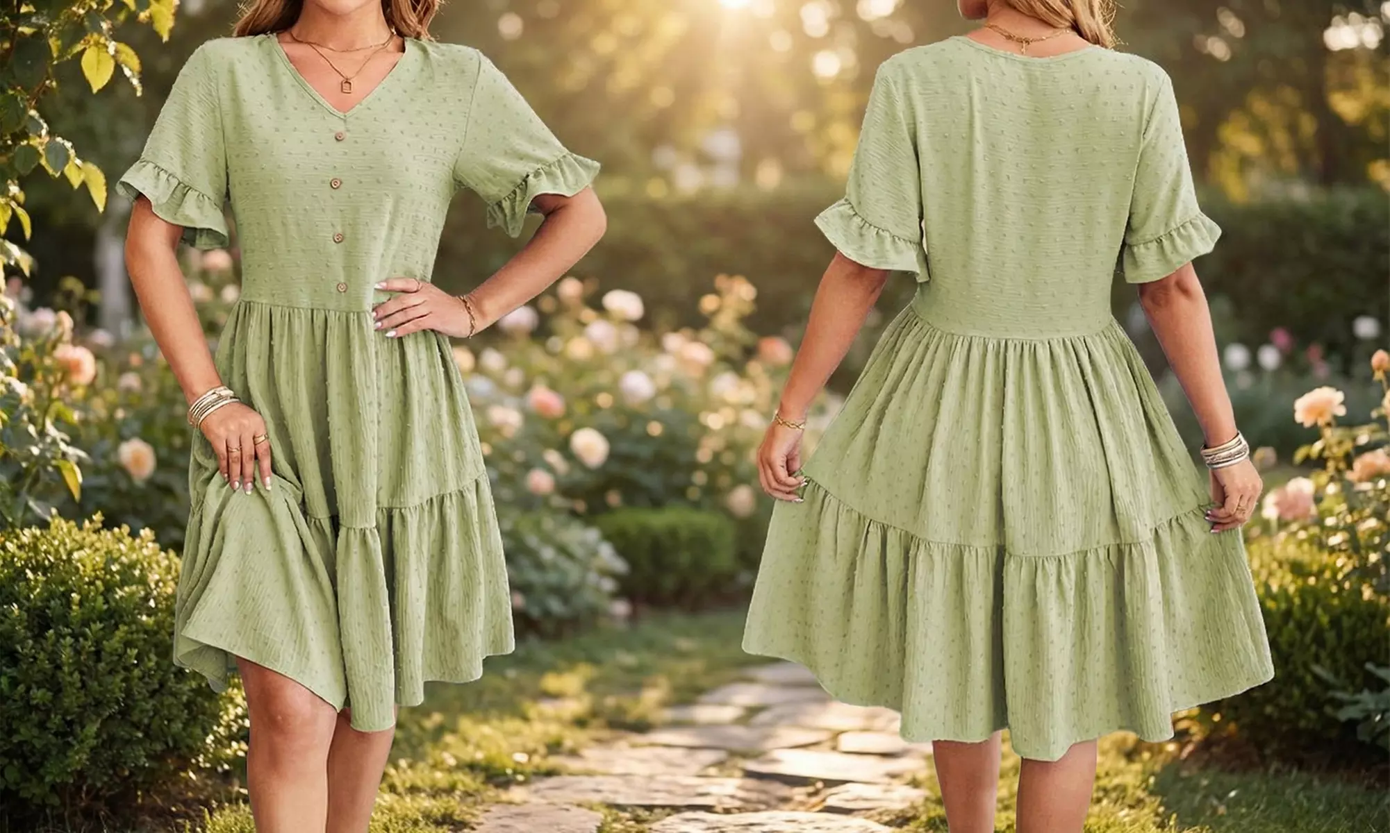 Womens V Neck Short Sleeve Swiss Dot Ruffle Hem Summer Dress