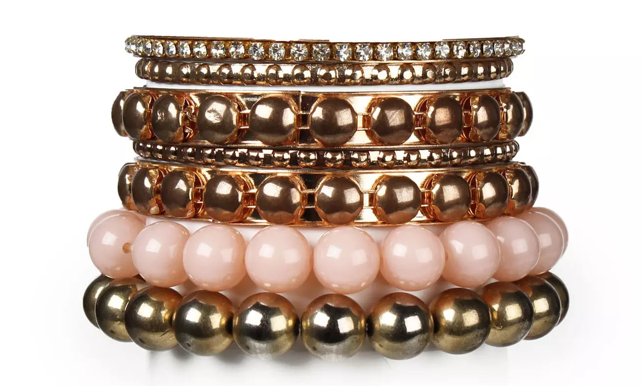 Retro Burnished Gold Inlaid Rhinestones Bangle Bracelet Set (7-Piece)