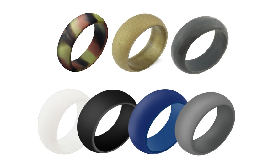Image 1: Men's Fashion Flexible Comfortable Silicone Wedding Ring Band Rubber 7 Pack