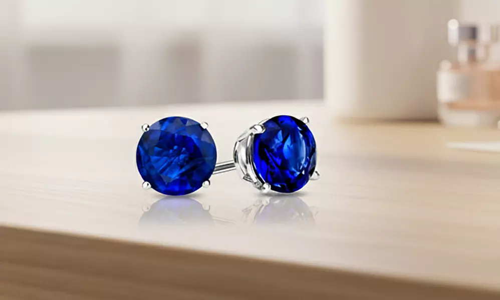 Paris Jewelry 14k White Gold 1Ct Plated Round Blue Sapphire Stud Earrings - Primary Image