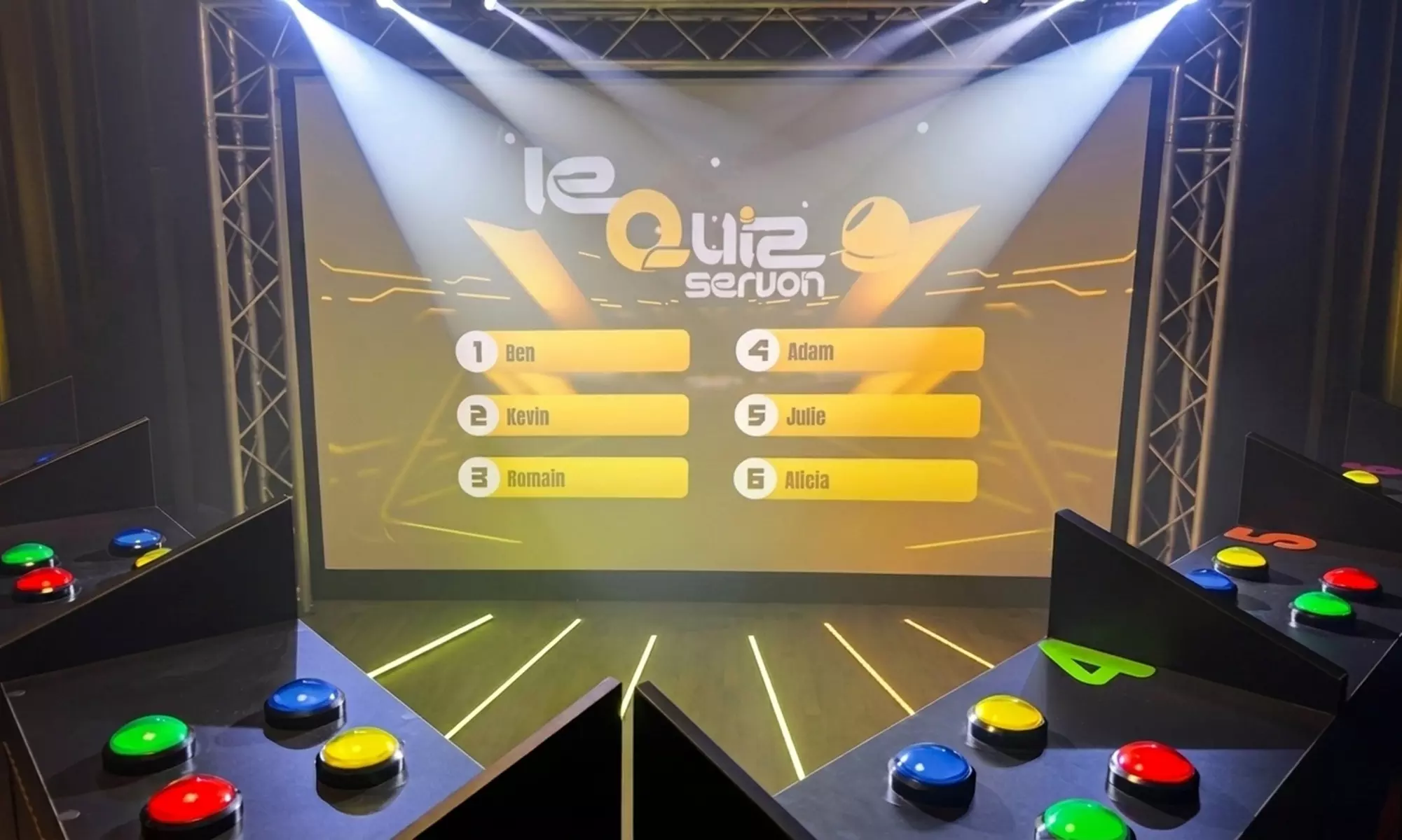 Jeu quizz en équipe : expérience immersive type plateau TV