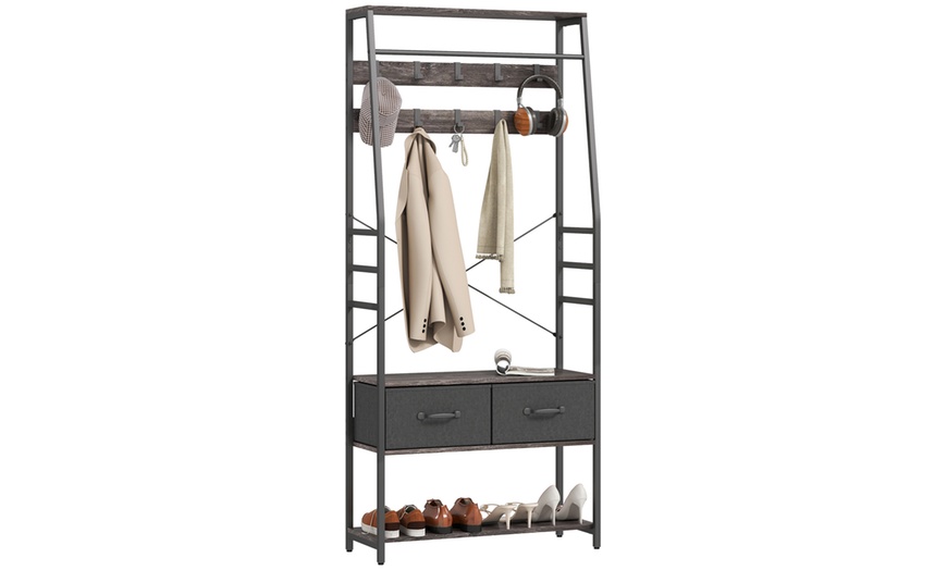 Image 2: HomCom Coat Rack with Shoe Storage Bench and Hooks
