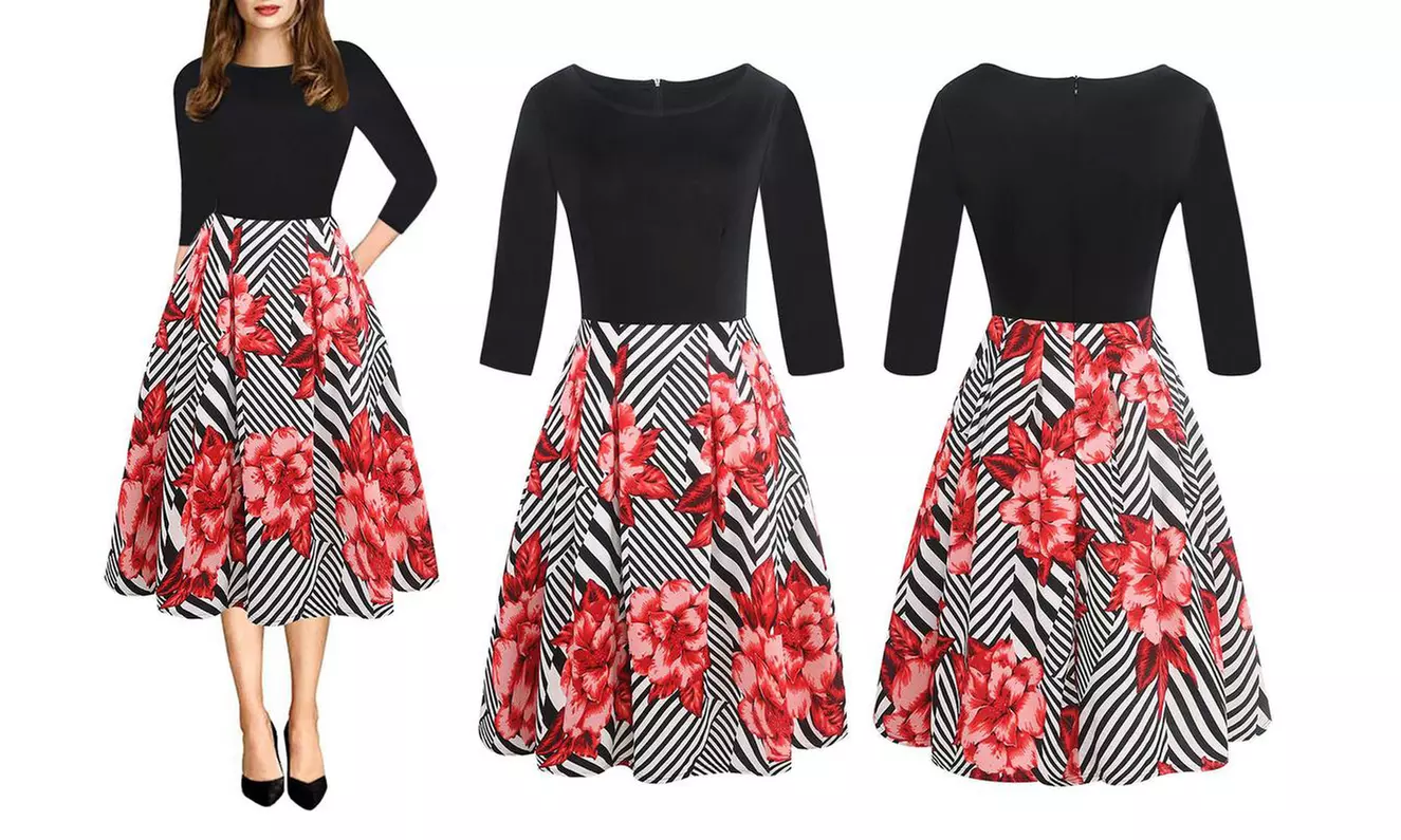 Haute Edition Women's Retro 3/4 Sleeve Easter Dress with Pockets. Plus Sizes Available. - Second Medium