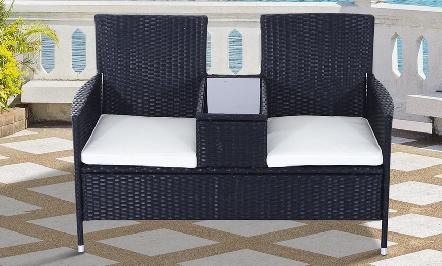 Image 5: Outsunny Two-Seater Rattan-Effect Chair with Integrated Table, Black