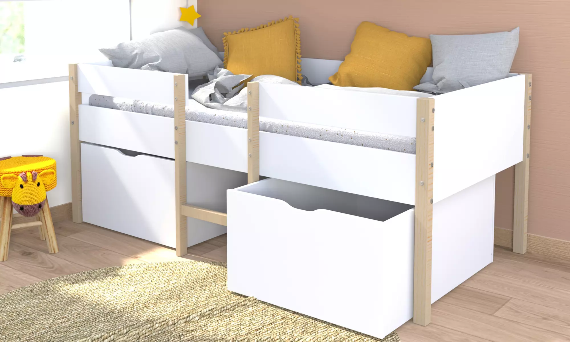 Lit mi-hauteur ZEPHIR avec 2 tiroirs  et sommier par Weber Industries, dimensions au choix, livraison offerte - Primary Image