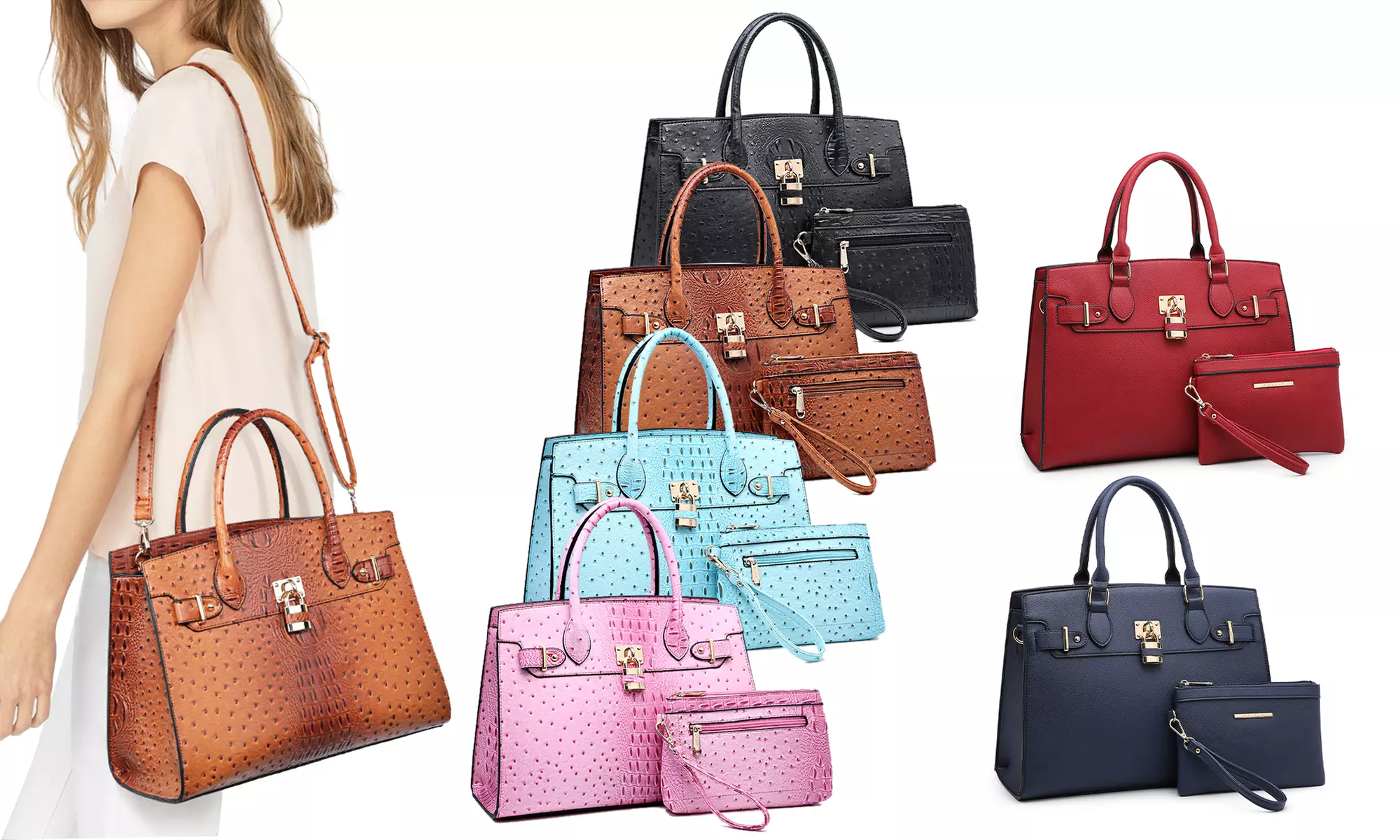 MMK Collection Eva Vegan Leather Padlock Satchel Handbag with Wristlet - Primary Image