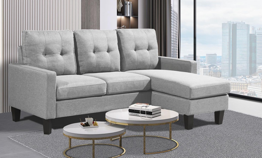 Image 2: Reversible Velvet L-Shaped Sectional Sofa with Ottoman Corner Couch
