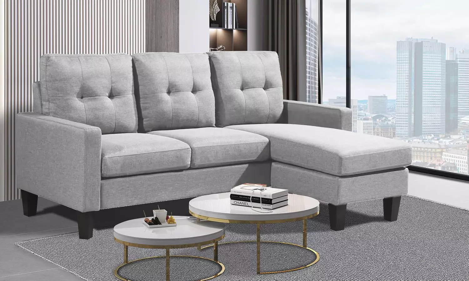 Reversible Velvet L-Shaped Sectional Sofa with Ottoman Corner Couch