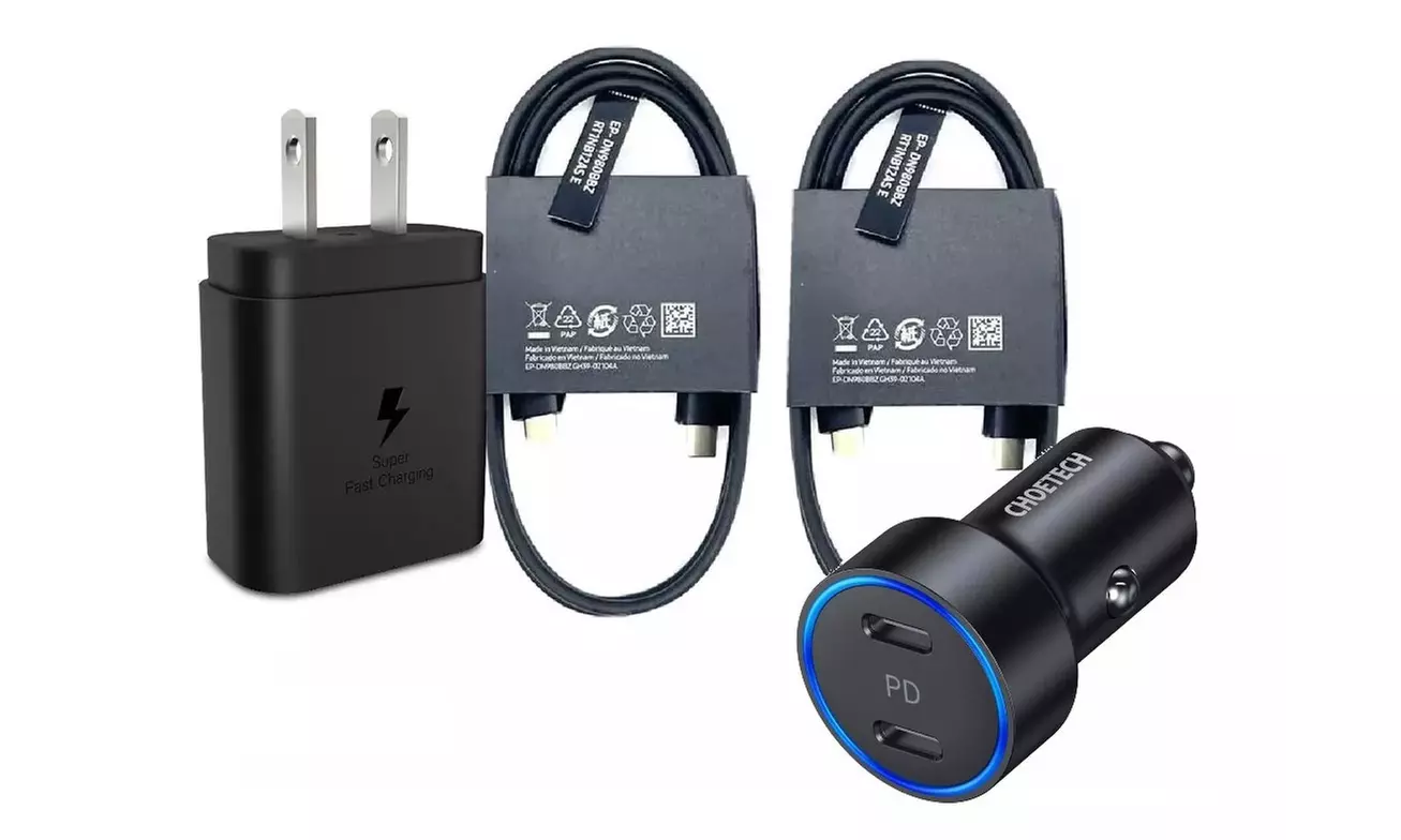Samsung Dual USB-C Car Charger Type C to C Cables Galaxy S21 S22 Plus S23 Ultra