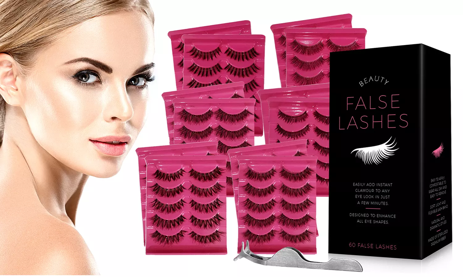 False Eyelashes Pack with Tweezers (60 Pairs) - Primary Image