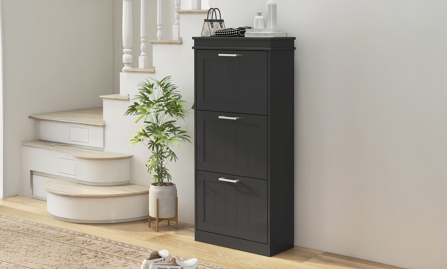 Image 1: HomCom Narrow 3-Tier Grey Shoe Cabinet with Flip Drawers