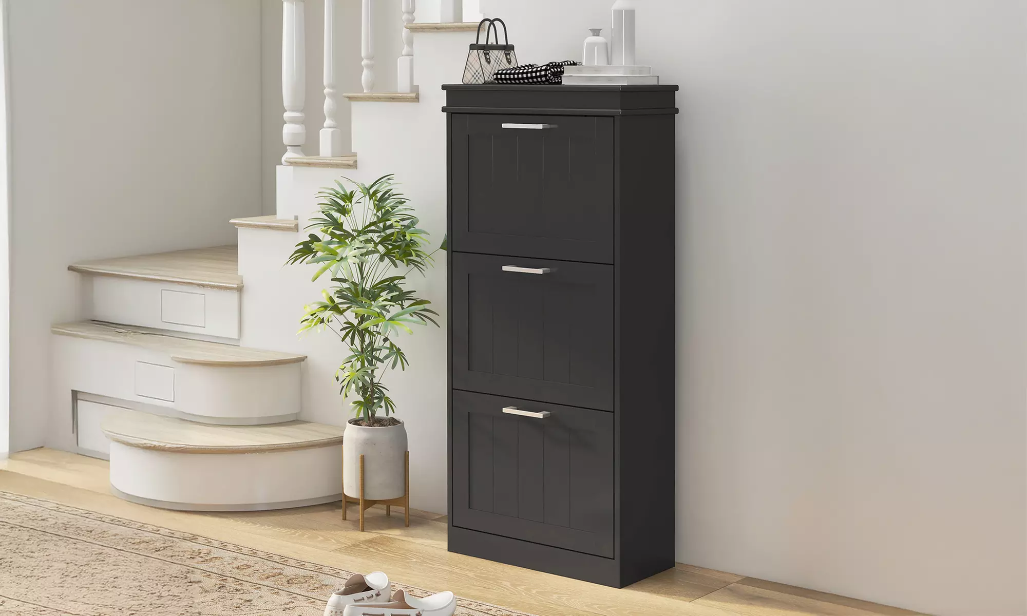 HomCom Narrow 3-Tier Grey Shoe Cabinet with Flip Drawers